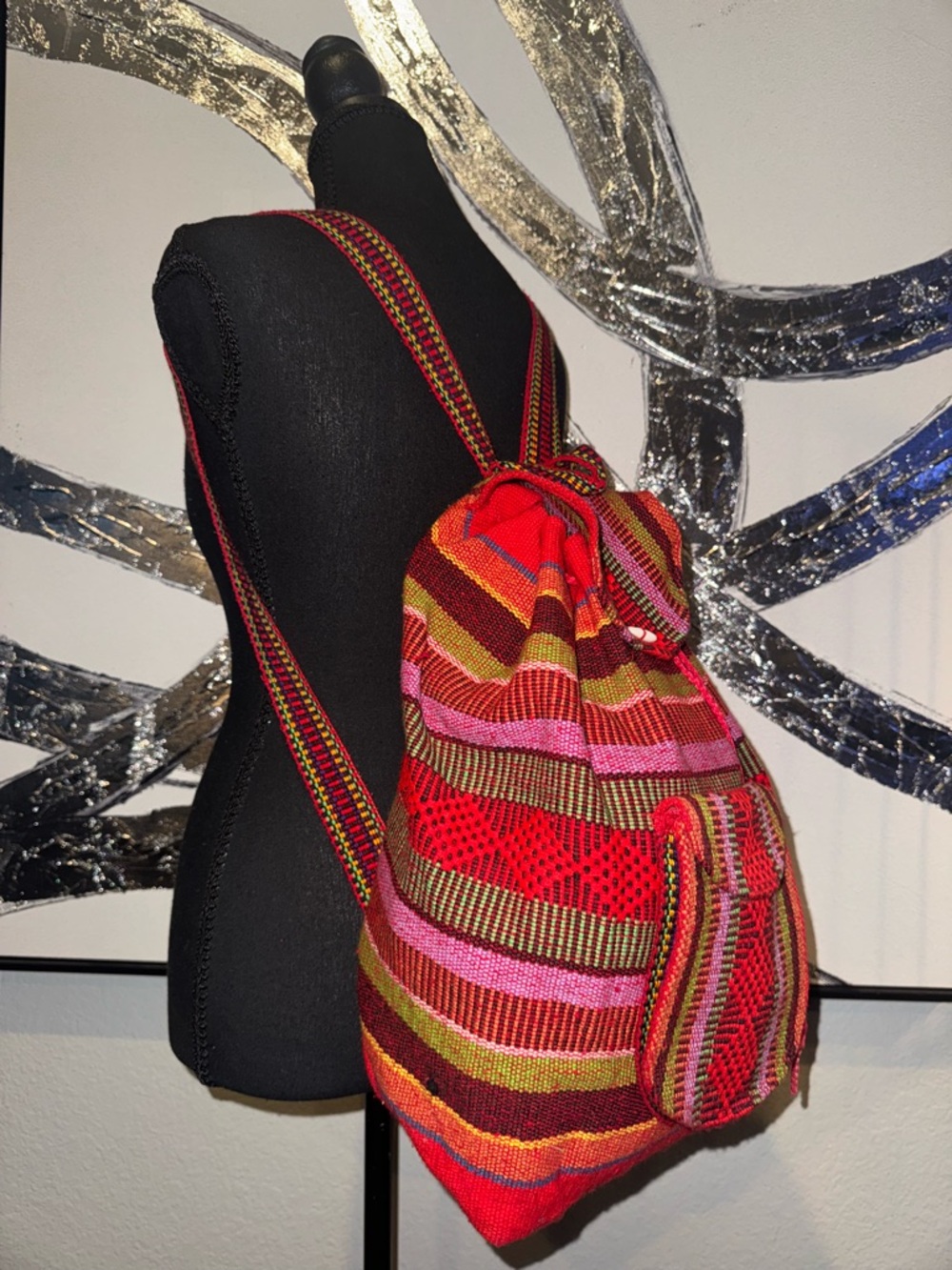 Handwoven Multicolor Striped Drawstring Backpack - Pink & Red - Picture 2 of 3
